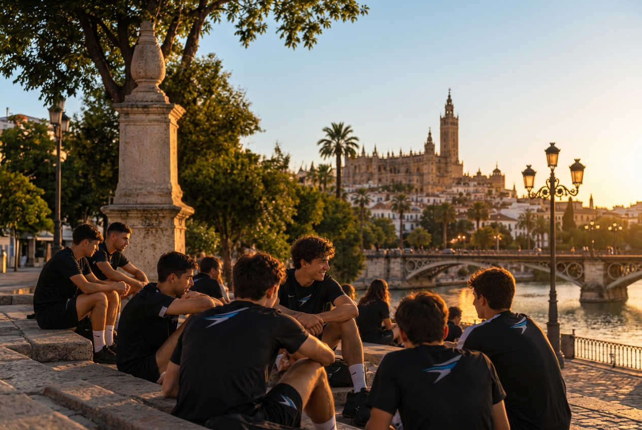 Jugadores de SMARTFÚTBOL sentados en las gradas de piedra junto al río Guadalquivir al atardecer, con la Giralda y el puente de Triana al fondo