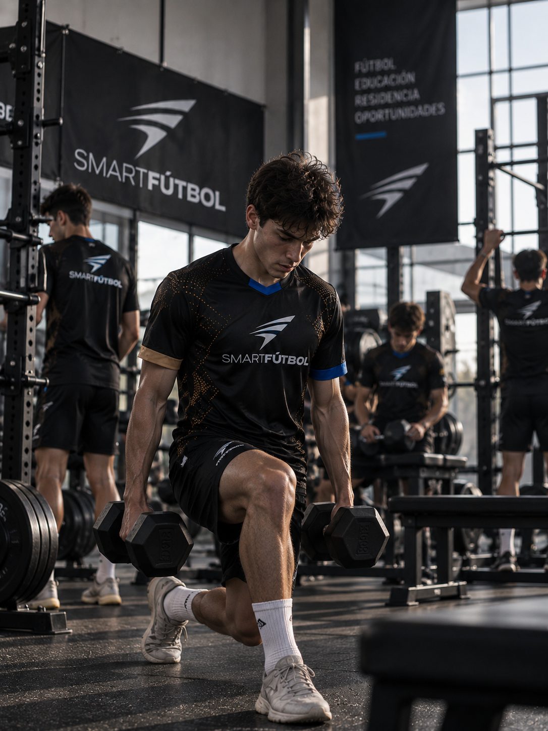 Jugadores de SMARTFÚTBOL entrenando fuerza en el gimnasio