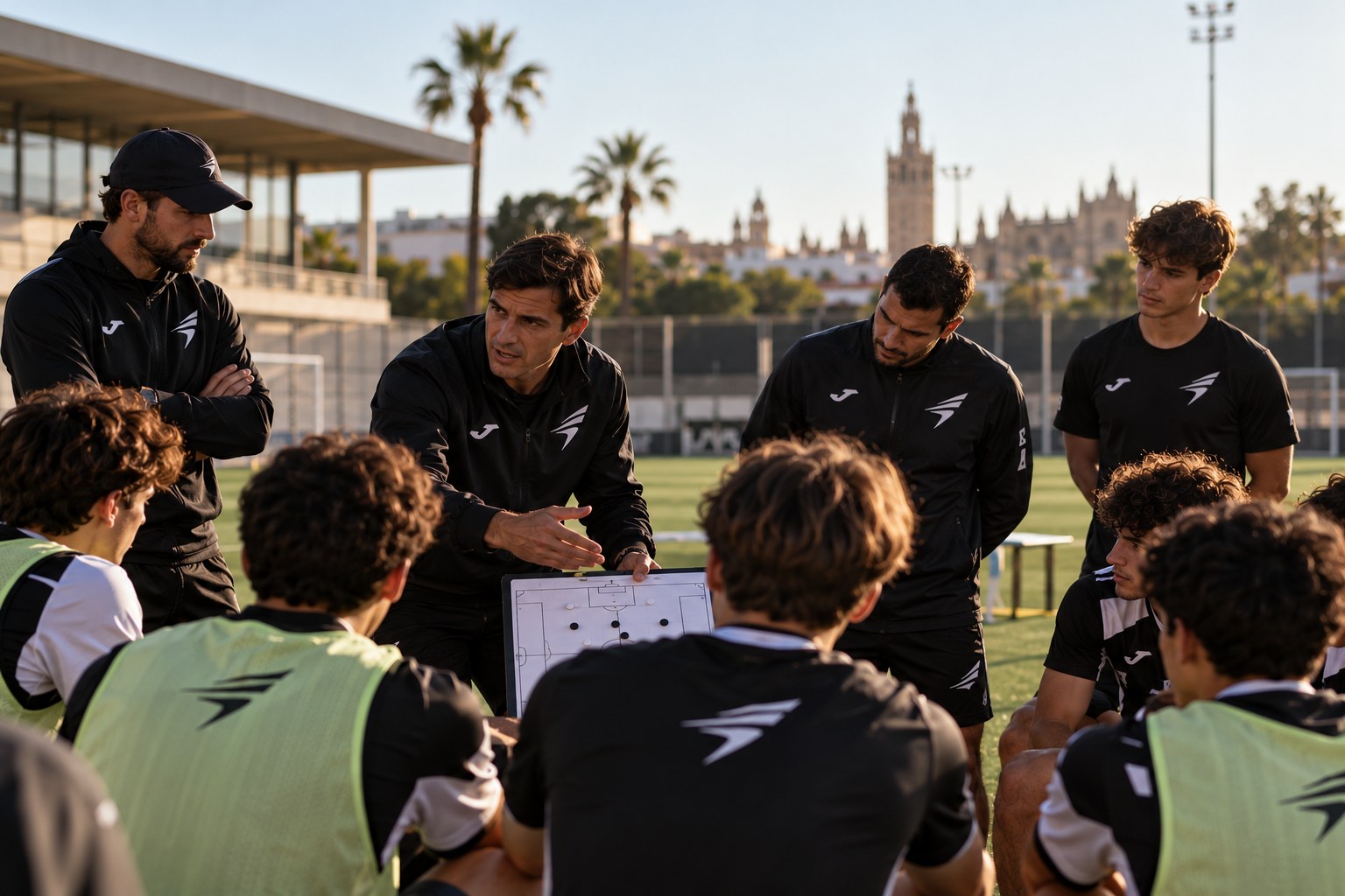 Entrenador de SMARTFÚTBOL explicando una pizarra táctica a los jugadores durante un entrenamiento