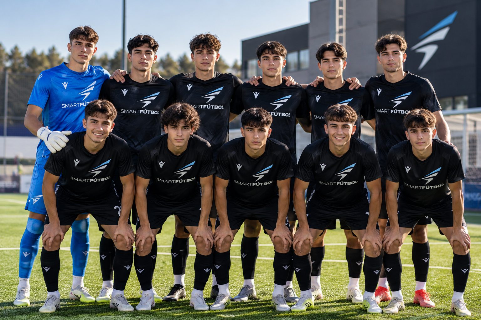 Equipo de SMARTFÚTBOL posando con la equipación negra y azul en un campo de fútbol