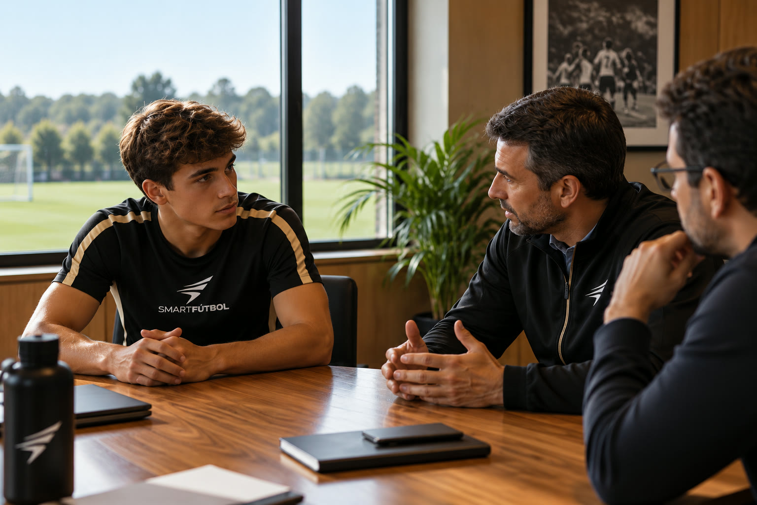 Un jugador de Smartfútbol conversando con un miembro del equipo técnico y un asesor