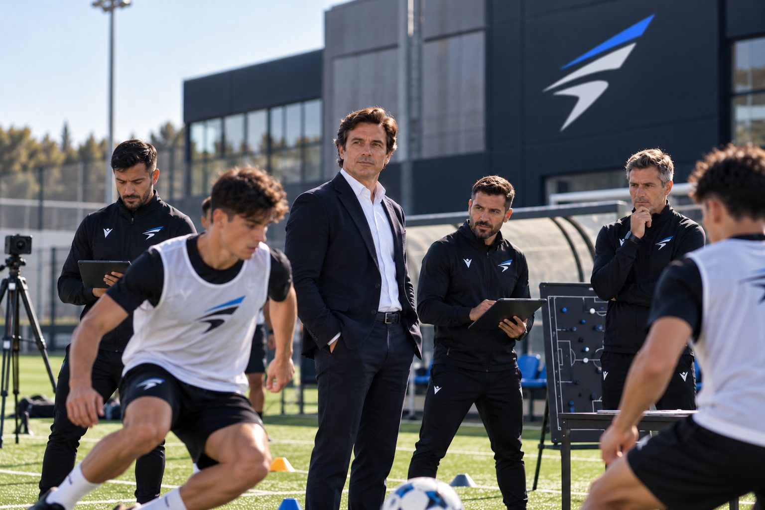 Cuerpo técnico dirigiendo un entrenamiento de fútbol en campo con jugadores en peto