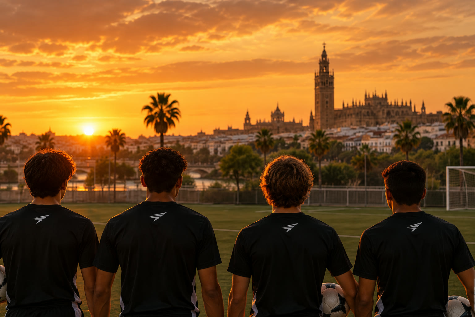 Cuatro jugadores de SMARTFÚTBOL contemplando la Giralda de Sevilla